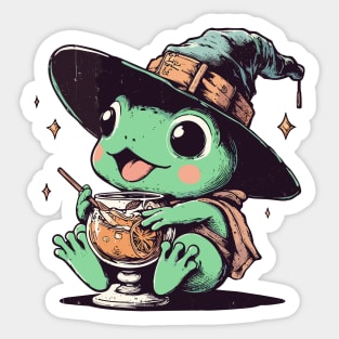 Retro kawaii witchy frog drink orange juice Sticker